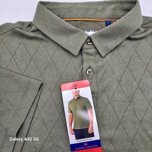 Modern Ambition Men Olive Green Textur Diamond Pattern Short Sleeve Polo Shirt M